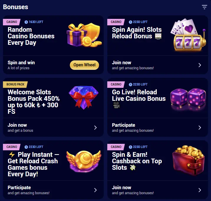 Bonus options at Spinay Casino